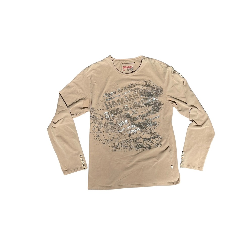 Doramage Mens XL Tan Long Sleeve Hammer Bros Graphic Tee Metallic Silver Accents
